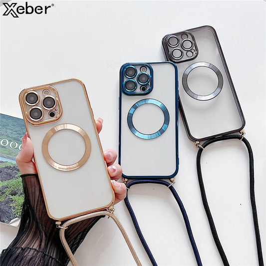 Plating Clear Magnetic for Magsafe Wireless Charging Cases for Iphone 17 16 15 14 12 13 Pro Max Crossbody Lanyard Necklace Cover