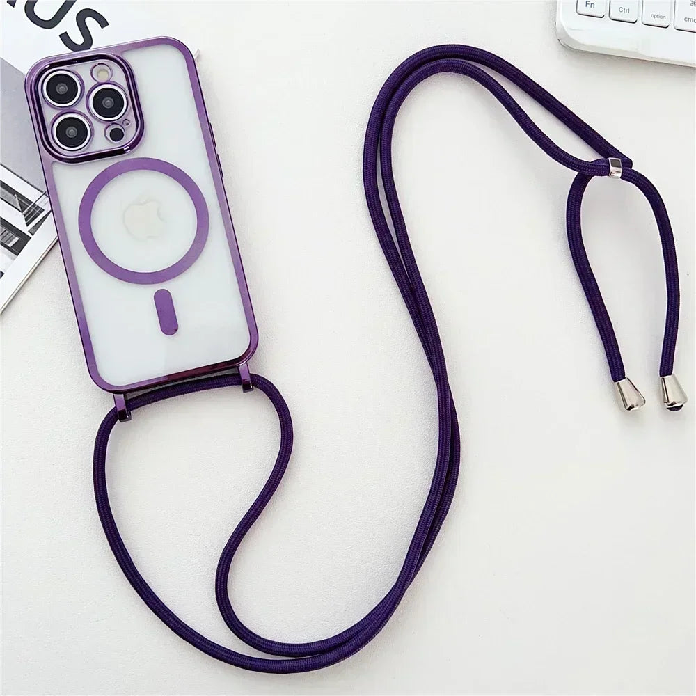 Crossboby Lanyard Plating Clear Phone Case for Iphone 16E 16 15 14 13 12 Pro Max for Magsafe Magnetic Necklace Cord Rope Cover