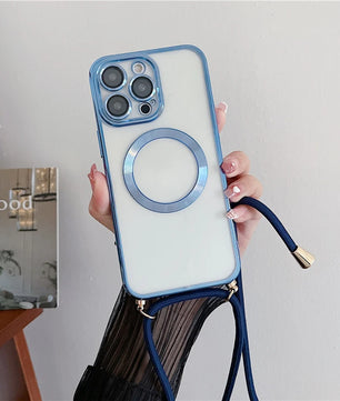 Plating Clear Magnetic for Magsafe Wireless Charging Cases for Iphone 17 16 15 14 12 13 Pro Max Crossbody Lanyard Necklace Cover