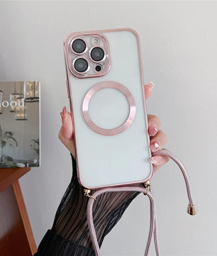 Plating Clear Magnetic for Magsafe Wireless Charging Cases for Iphone 17 16 15 14 12 13 Pro Max Crossbody Lanyard Necklace Cover