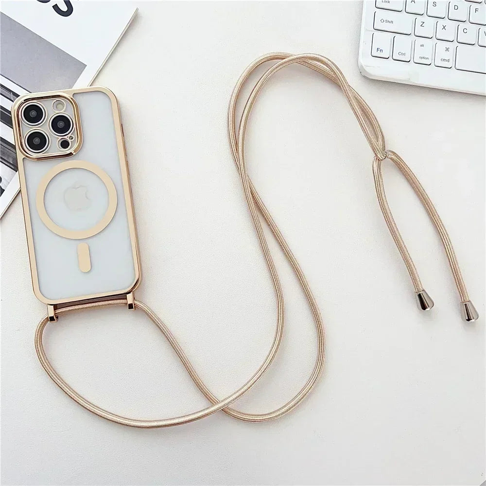 Crossboby Lanyard Plating Clear Phone Case for Iphone 16E 16 15 14 13 12 Pro Max for Magsafe Magnetic Necklace Cord Rope Cover