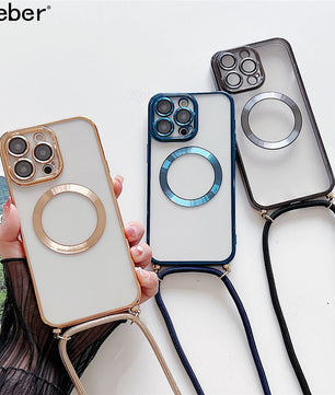 Plating Clear Magnetic for Magsafe Wireless Charging Cases for Iphone 17 16 15 14 12 13 Pro Max Crossbody Lanyard Necklace Cover