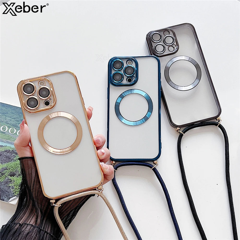 Plating Clear Magnetic for Magsafe Wireless Charging Cases for Iphone 17 16 15 14 12 13 Pro Max Crossbody Lanyard Necklace Cover