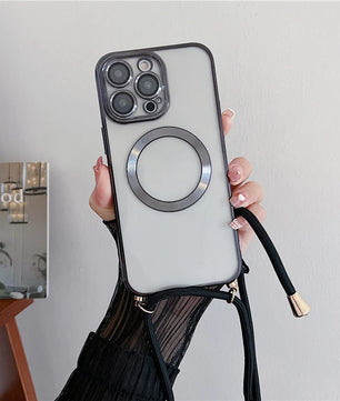 Plating Clear Magnetic for Magsafe Wireless Charging Cases for Iphone 17 16 15 14 12 13 Pro Max Crossbody Lanyard Necklace Cover
