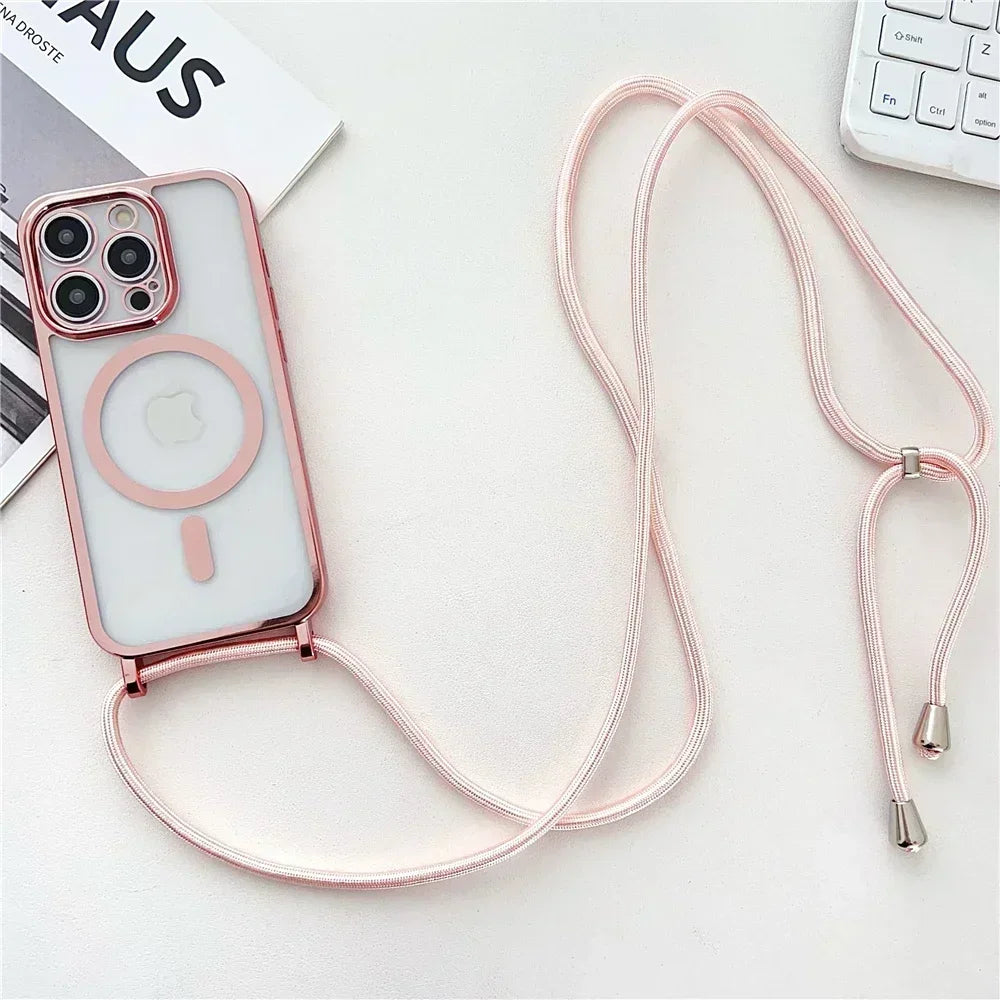 Crossboby Lanyard Plating Clear Phone Case for Iphone 16E 16 15 14 13 12 Pro Max for Magsafe Magnetic Necklace Cord Rope Cover