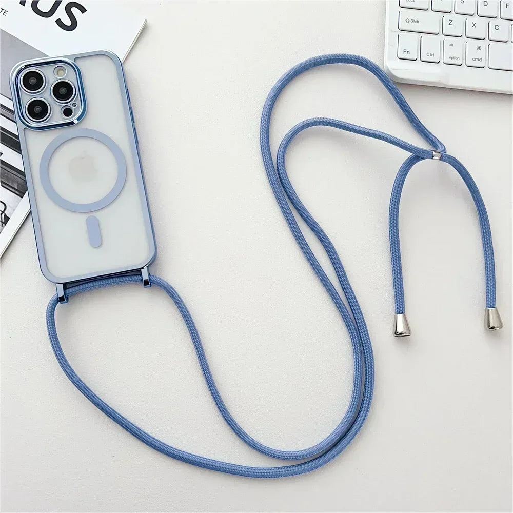 Crossboby Lanyard Plating Clear Phone Case for Iphone 16E 16 15 14 13 12 Pro Max for Magsafe Magnetic Necklace Cord Rope Cover