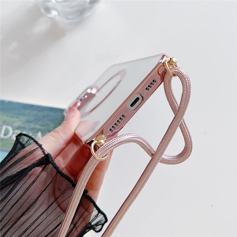 Plating Clear Magnetic for Magsafe Wireless Charging Cases for Iphone 17 16 15 14 12 13 Pro Max Crossbody Lanyard Necklace Cover