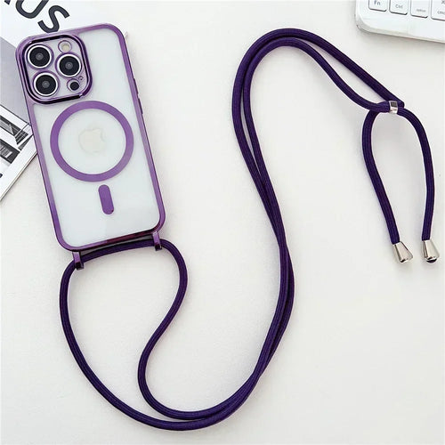 Crossboby Lanyard Plating Clear Phone Case for Iphone 16E 16 15 14 13 12 Pro Max for Magsafe Magnetic Necklace Cord Rope Cover