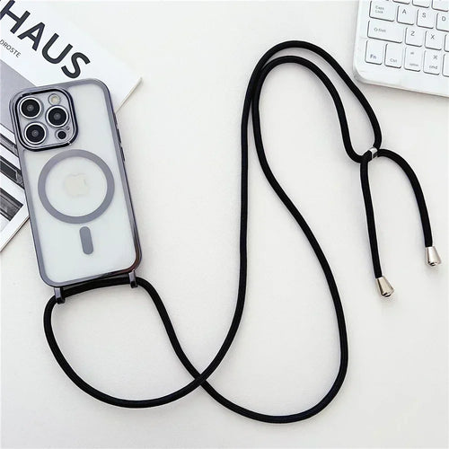 Crossboby Lanyard Plating Clear Phone Case for Iphone 16E 16 15 14 13 12 Pro Max for Magsafe Magnetic Necklace Cord Rope Cover