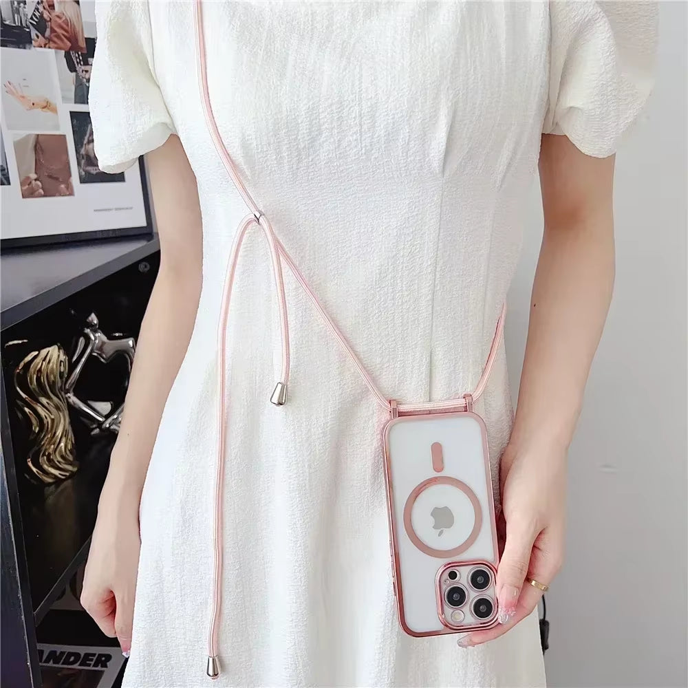 Crossboby Lanyard Plating Clear Phone Case for Iphone 16E 16 15 14 13 12 Pro Max for Magsafe Magnetic Necklace Cord Rope Cover