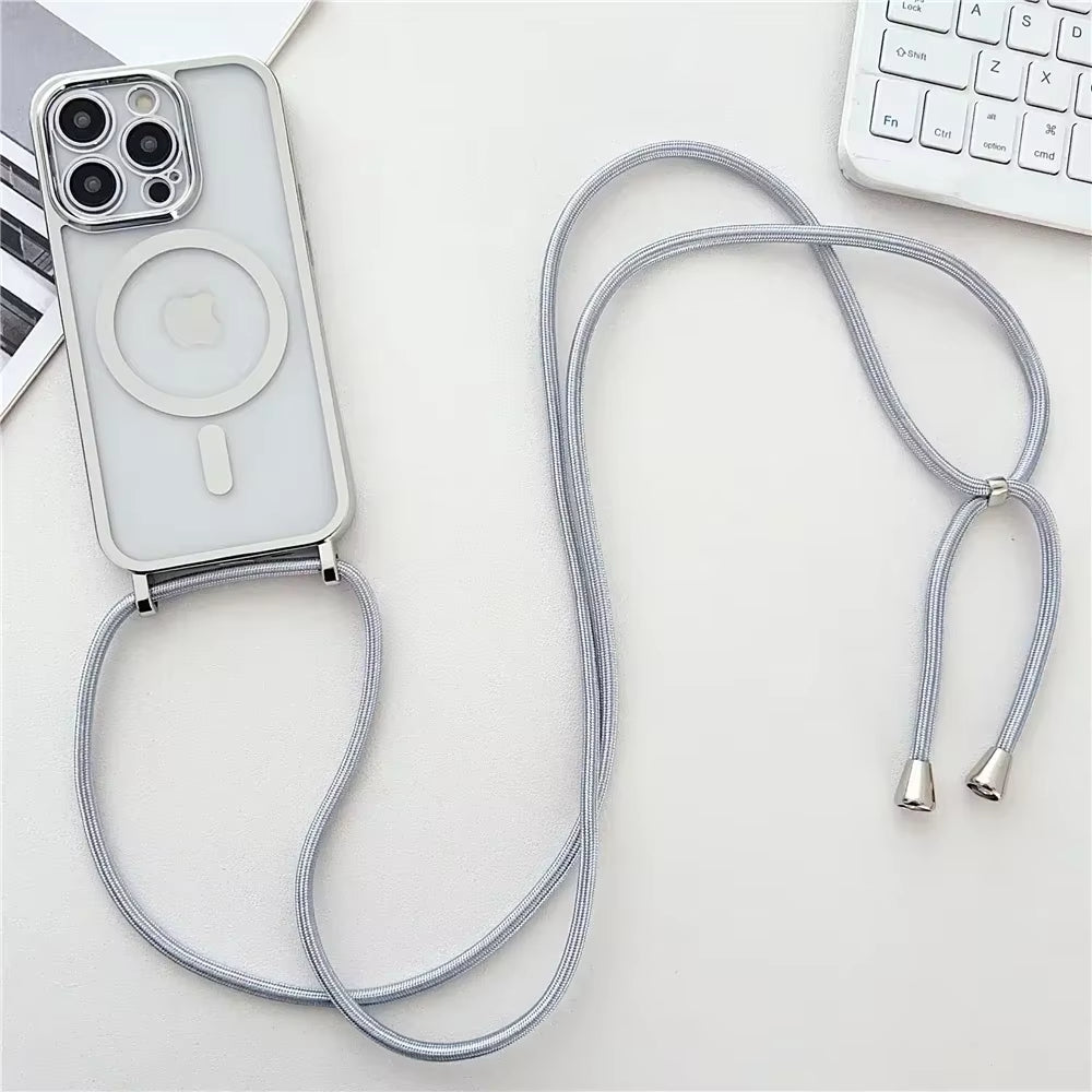Crossboby Lanyard Plating Clear Phone Case for Iphone 16E 16 15 14 13 12 Pro Max for Magsafe Magnetic Necklace Cord Rope Cover