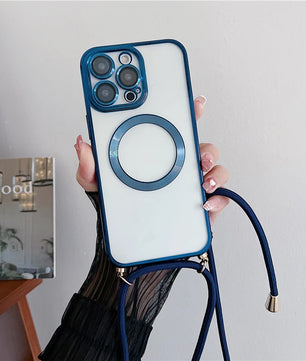 Plating Clear Magnetic for Magsafe Wireless Charging Cases for Iphone 17 16 15 14 12 13 Pro Max Crossbody Lanyard Necklace Cover