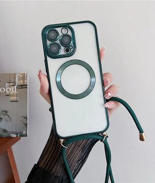 Plating Clear Magnetic for Magsafe Wireless Charging Cases for Iphone 17 16 15 14 12 13 Pro Max Crossbody Lanyard Necklace Cover