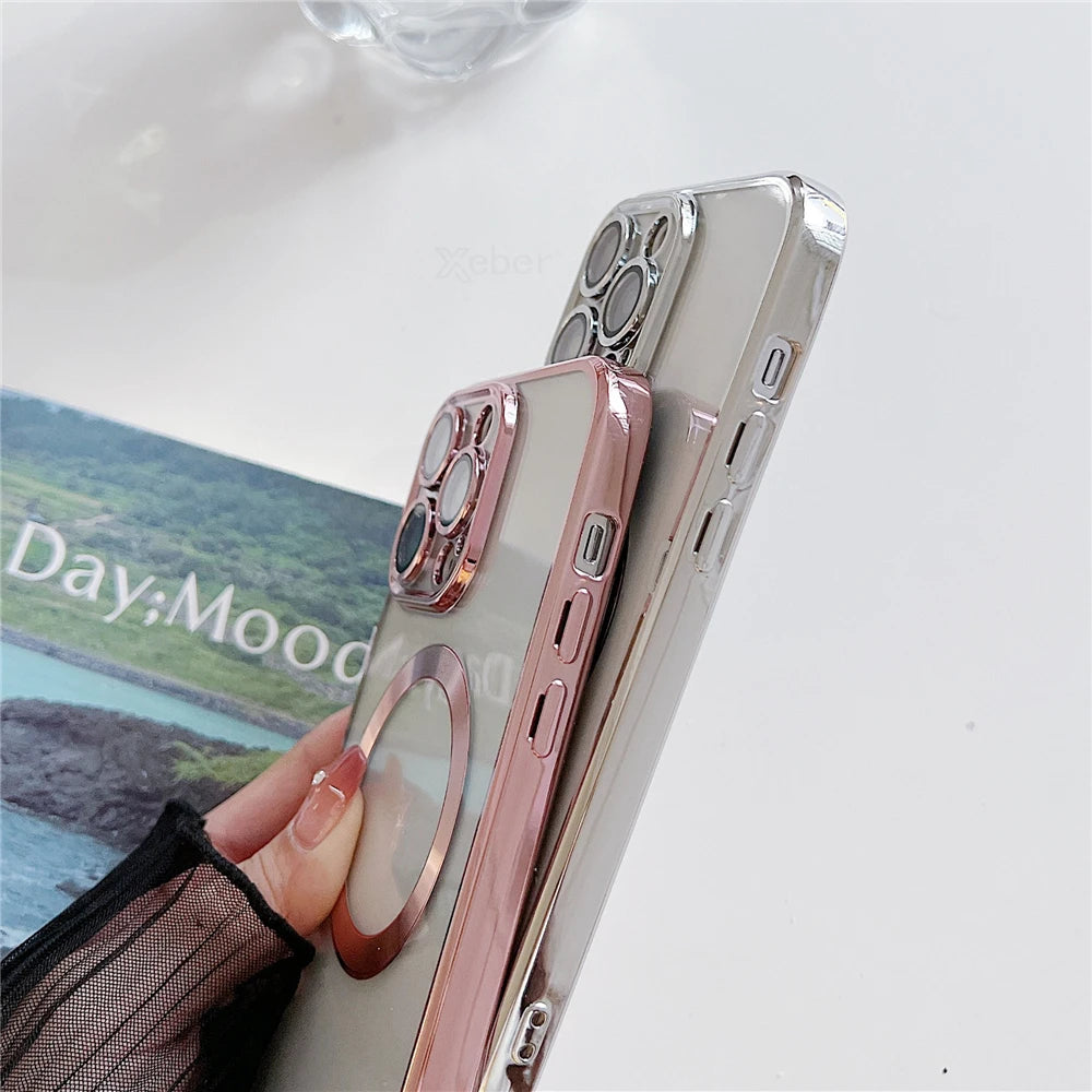 Plating Clear Magnetic for Magsafe Wireless Charging Cases for Iphone 17 16 15 14 12 13 Pro Max Crossbody Lanyard Necklace Cover