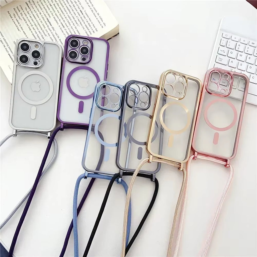 Crossboby Lanyard Plating Clear Phone Case for Iphone 16E 16 15 14 13 12 Pro Max for Magsafe Magnetic Necklace Cord Rope Cover